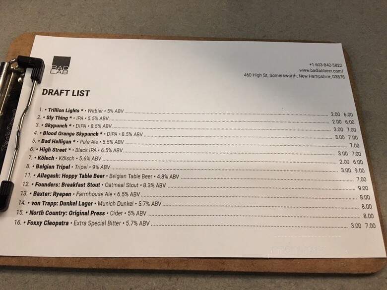 Bad Lab Beer Co - Somersworth, NH menu_pic