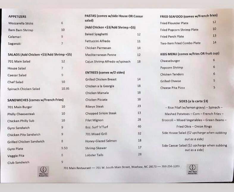 701 Main - Waxhaw, NC menu_pic