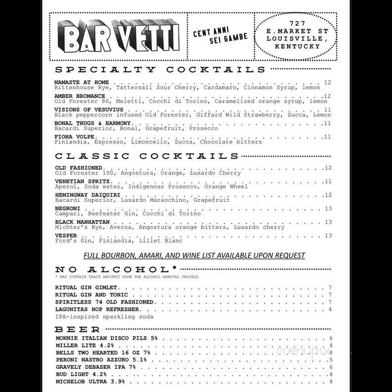 Bar Vetti - Louisville, KY menu_pic
