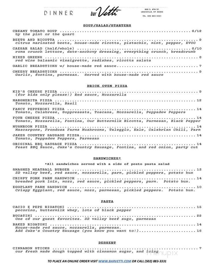Bar Vetti - Louisville, KY menu_pic