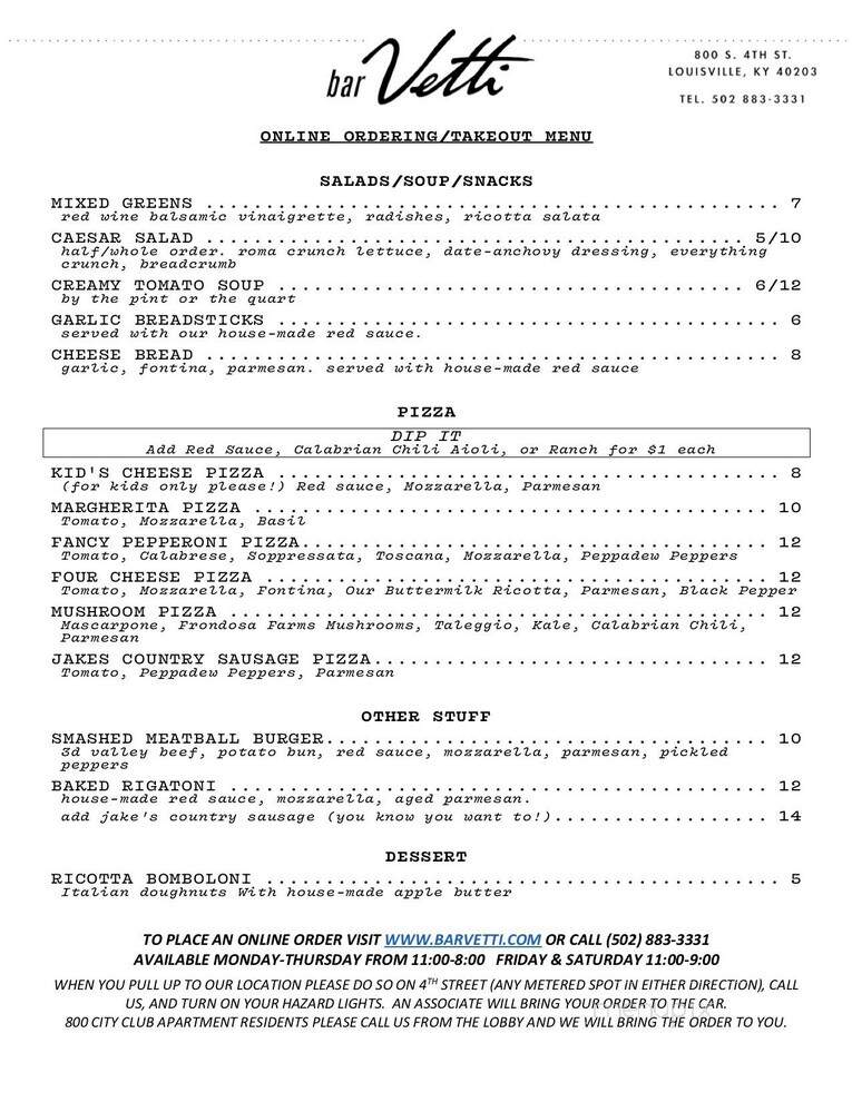Bar Vetti - Louisville, KY menu_pic