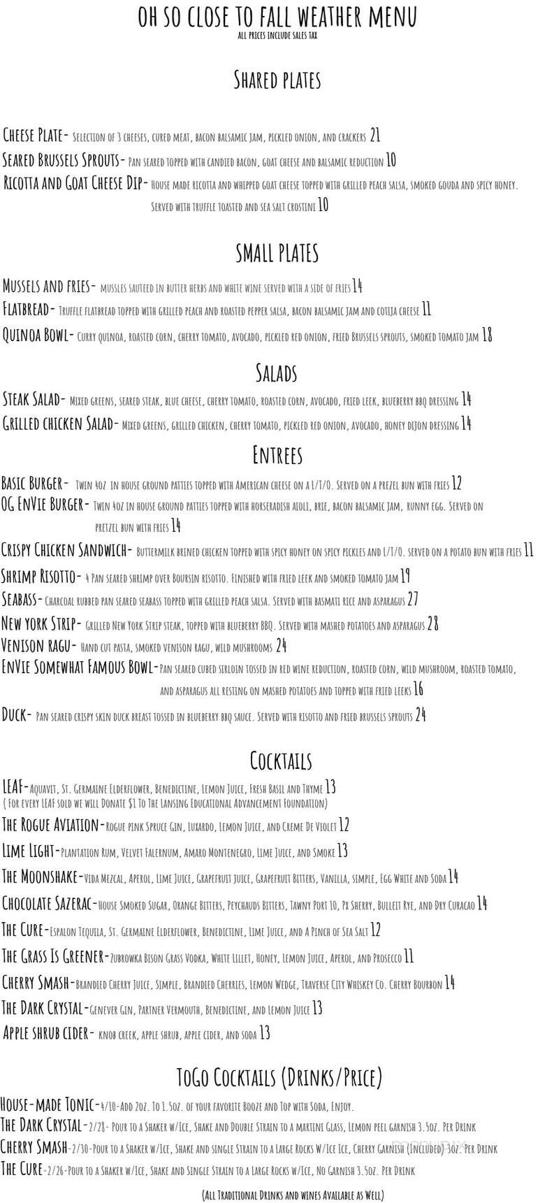 EnVie - Lansing, MI menu_pic