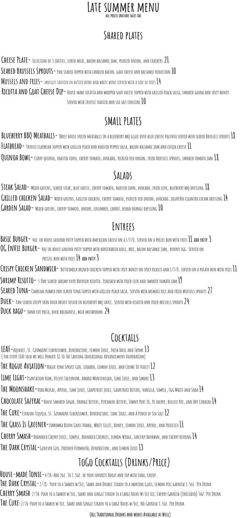 EnVie - Lansing, MI menu_pic