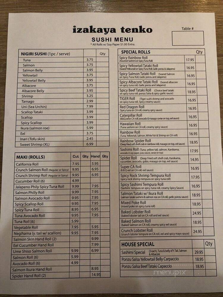 Izakaya Tenko - Lake Forest, CA menu_pic