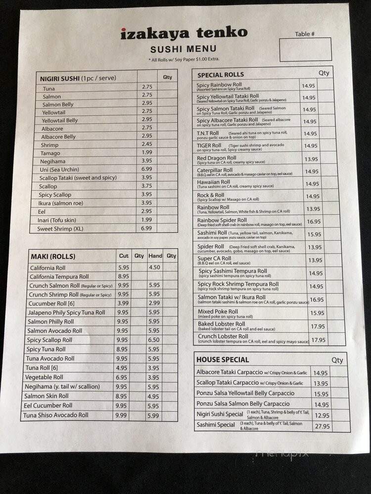 Izakaya Tenko - Lake Forest, CA menu_pic