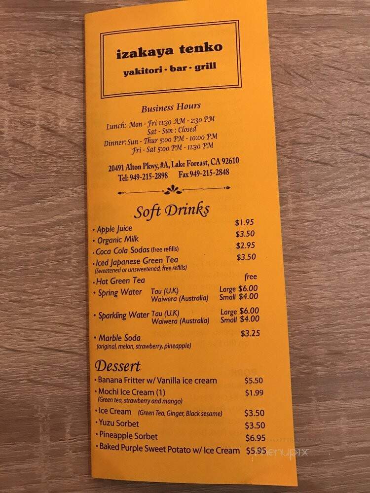 Izakaya Tenko - Lake Forest, CA menu_pic