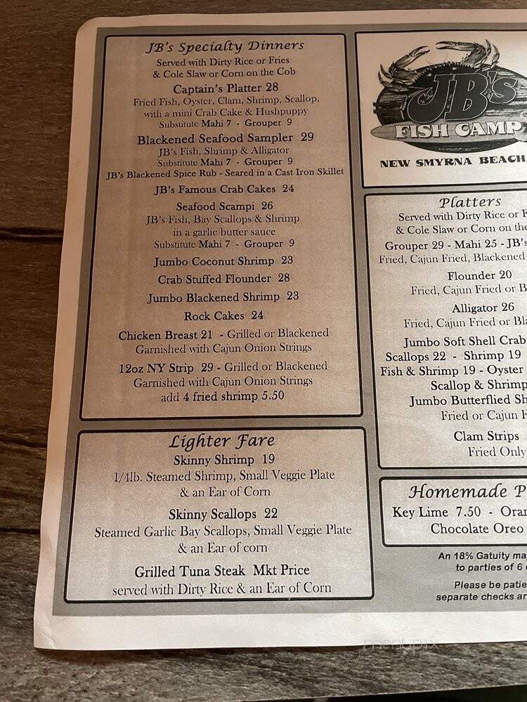JB's Fish Camp & Seafood Restaurant - New Smyrna Beach, FL menu_pic