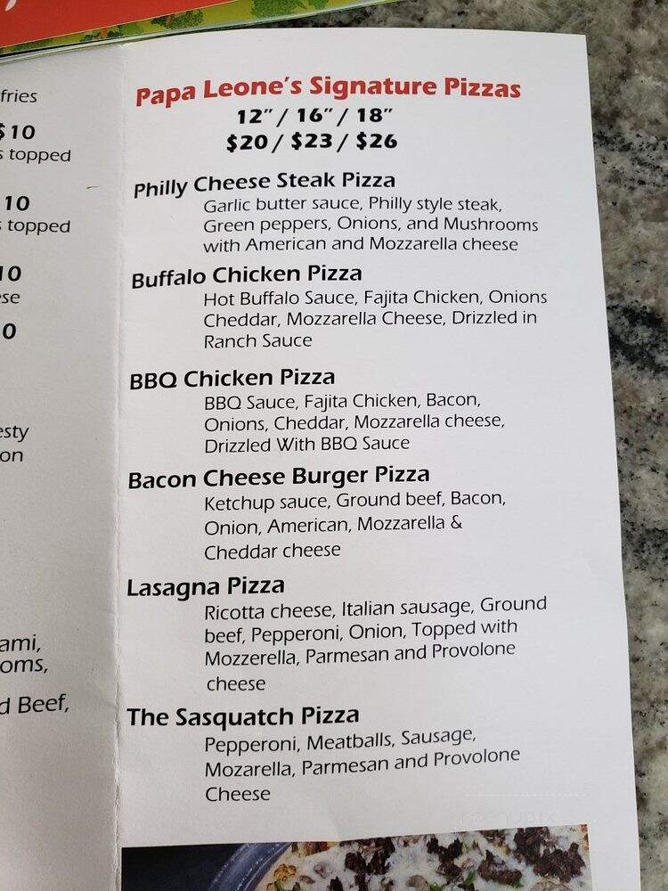 Papa Leone's Pizzeria - Sevierville, TN menu_pic