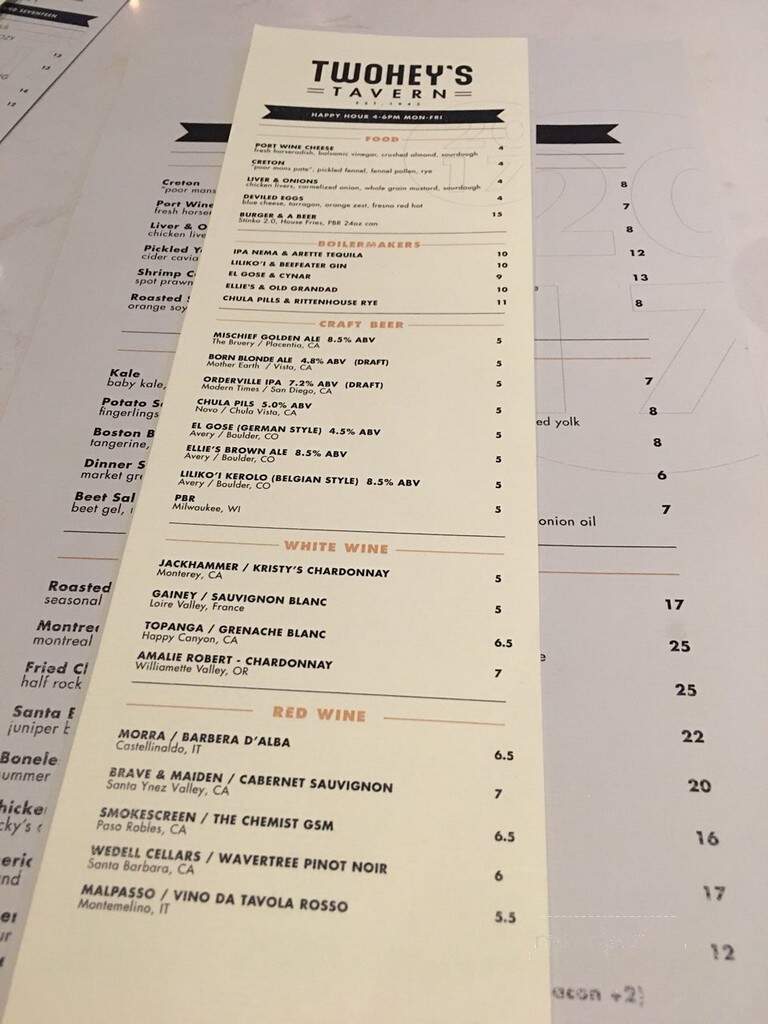 Twohey's Tavern - Pasadena, CA menu_pic