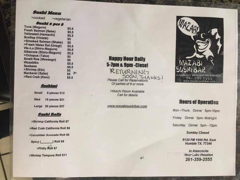 Wazabi Sushi Bar - Baytown, TX menu_pic