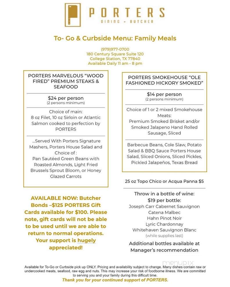 Porters Dining and Butcher - College Station, TX menu_pic