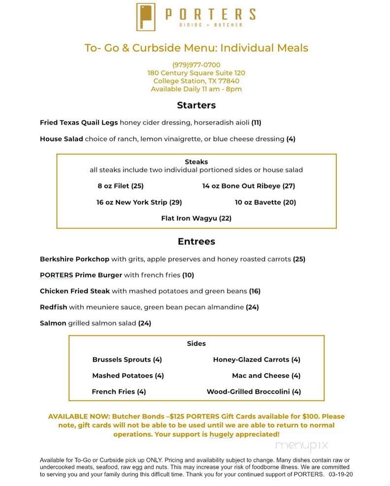 Porters Dining and Butcher - College Station, TX menu_pic