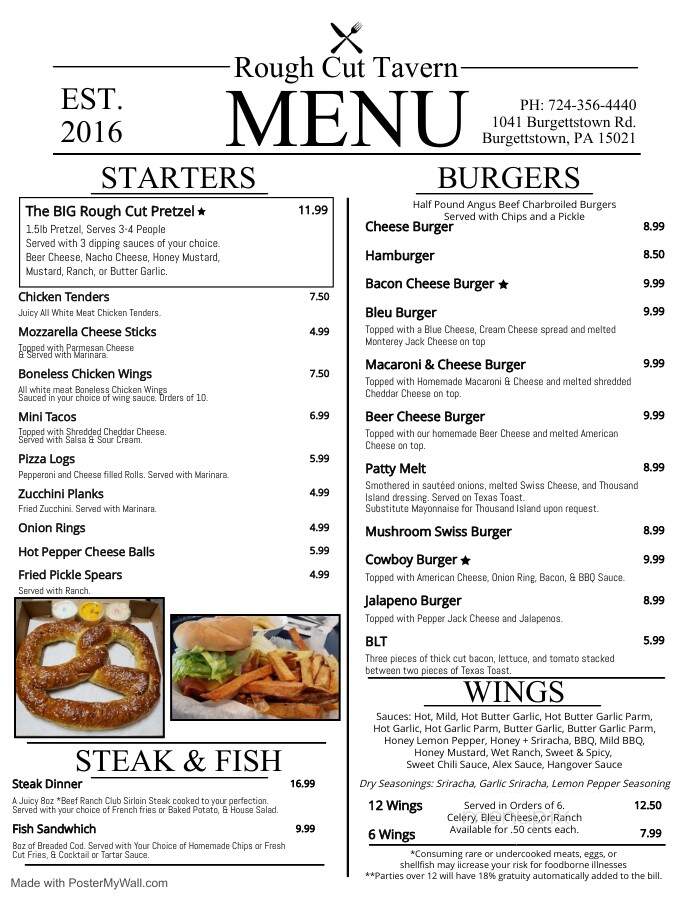 Rough Cut Tavern and Hotel - Burgettstown, PA menu_pic