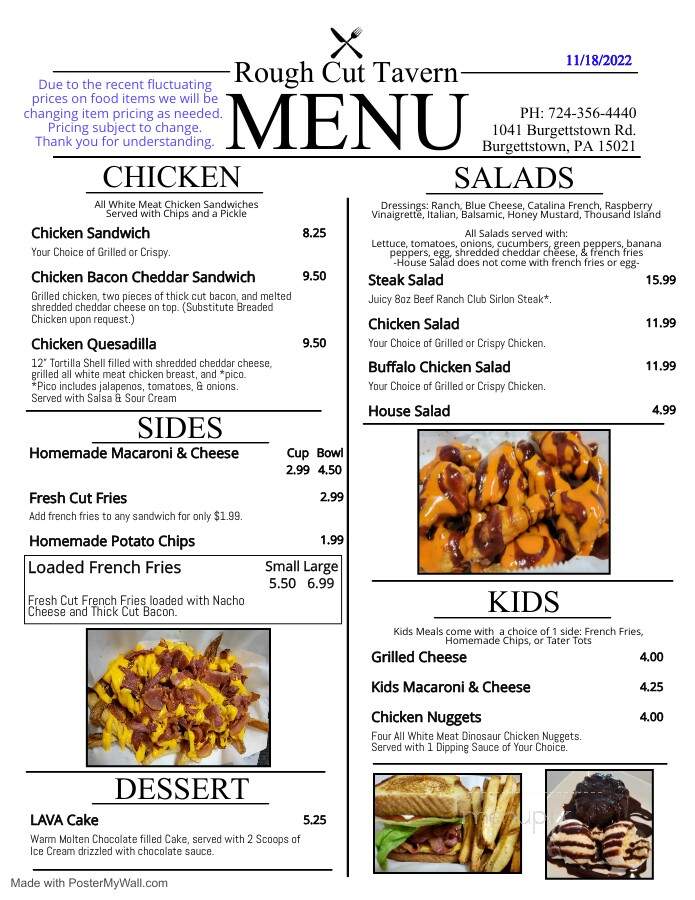 Rough Cut Tavern and Hotel - Burgettstown, PA menu_pic