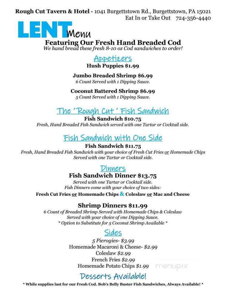 Rough Cut Tavern and Hotel - Burgettstown, PA menu_pic