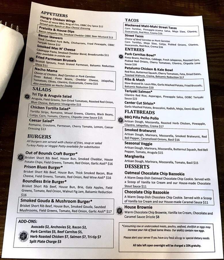Out of Bounds Craft Kitchen and Biergarten - Folsom, CA menu_pic