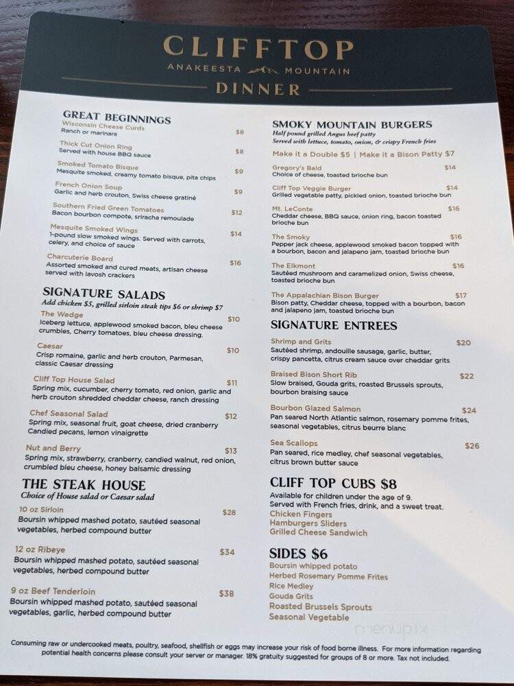 Cliff Top Grill & Bar - Gatlinburg, TN menu_pic