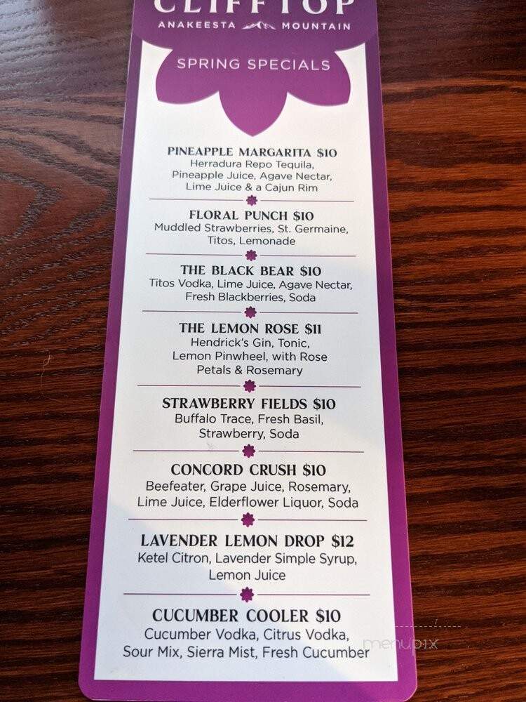 Cliff Top Grill & Bar - Gatlinburg, TN menu_pic
