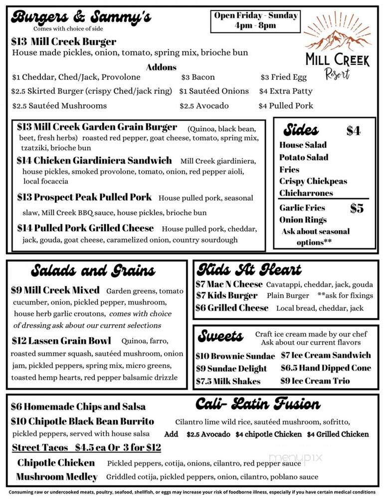 Mill Creek Resort - Mill Creek, CA menu_pic