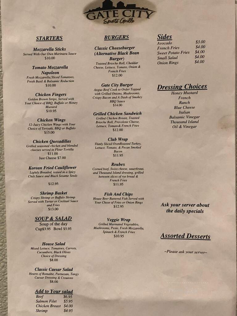 Gate City Sports Grill - Greensboro, NC menu_pic