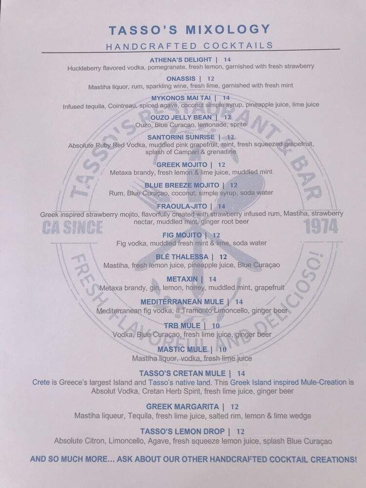 Tasso's Restaurant & Bar - San Jose, CA menu_pic