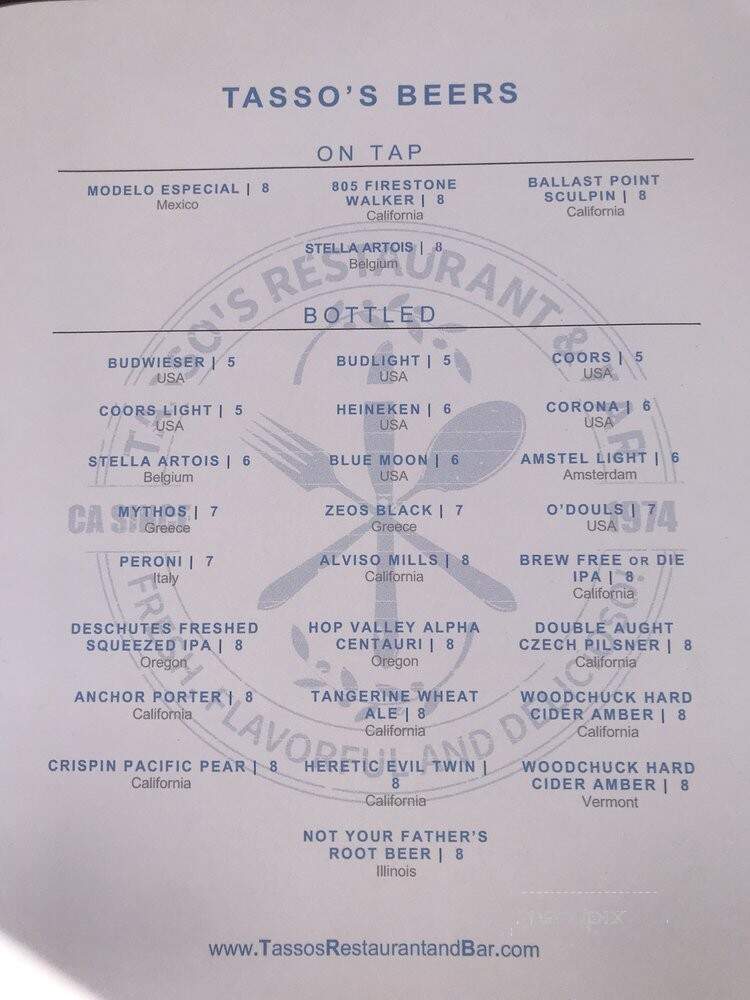 Tasso's Restaurant & Bar - San Jose, CA menu_pic