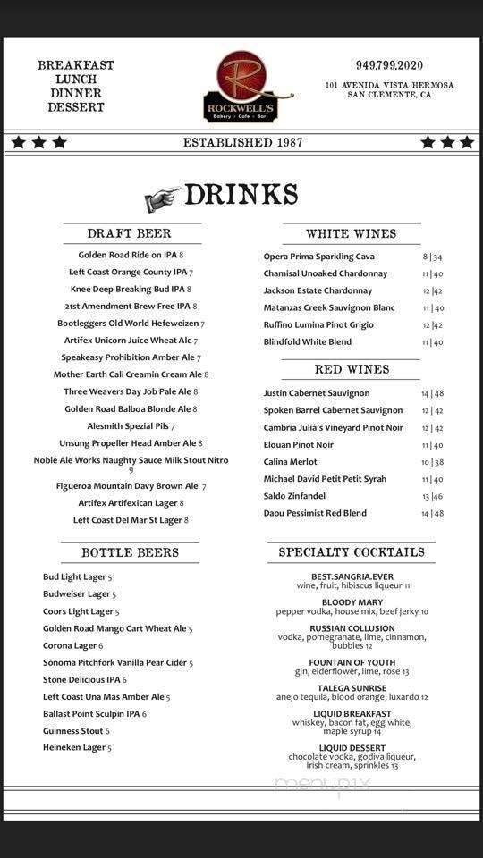 Rockwell's Bakery, Restaurant and Bar - San Clemente, CA menu_pic