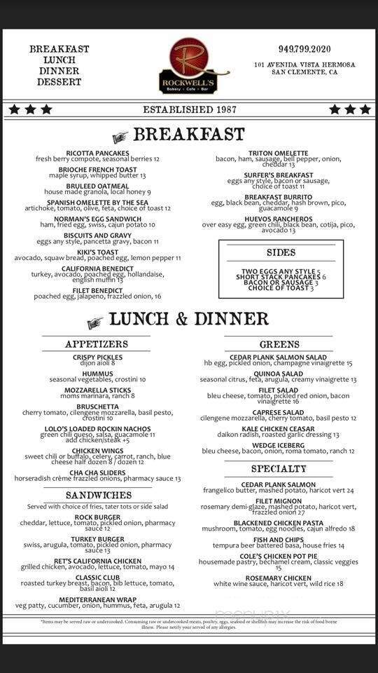 Rockwell's Bakery, Restaurant and Bar - San Clemente, CA menu_pic