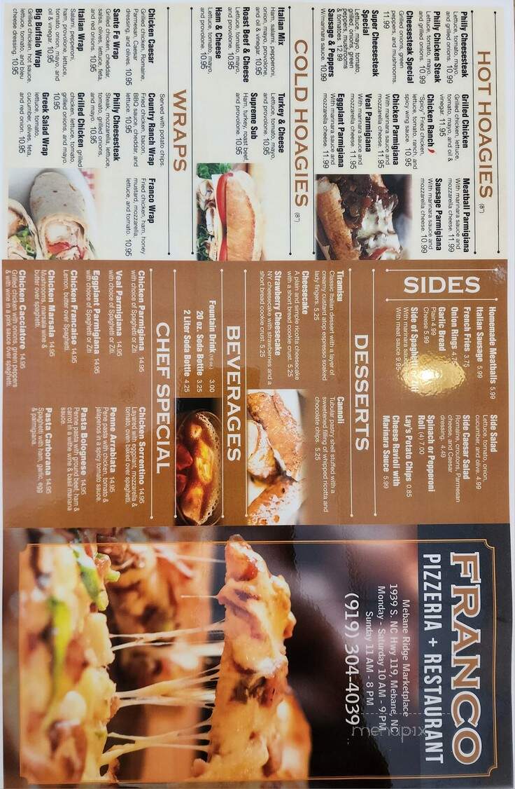 Franco Pizzeria and Restaurant - Mebane, NC menu_pic
