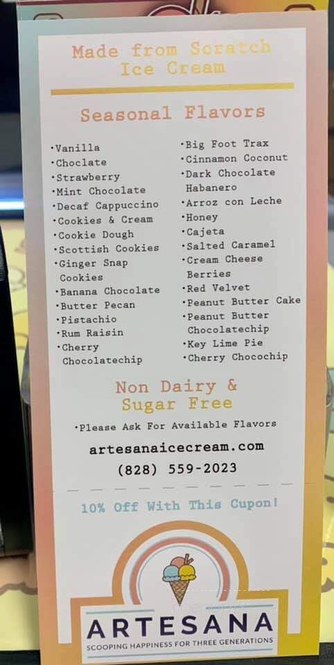 Artesana Ice Cream - Marion, NC menu_pic