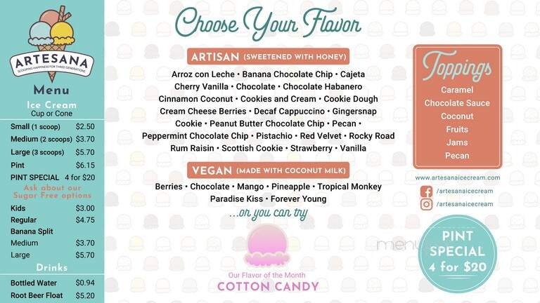 Artesana Ice Cream - Marion, NC menu_pic