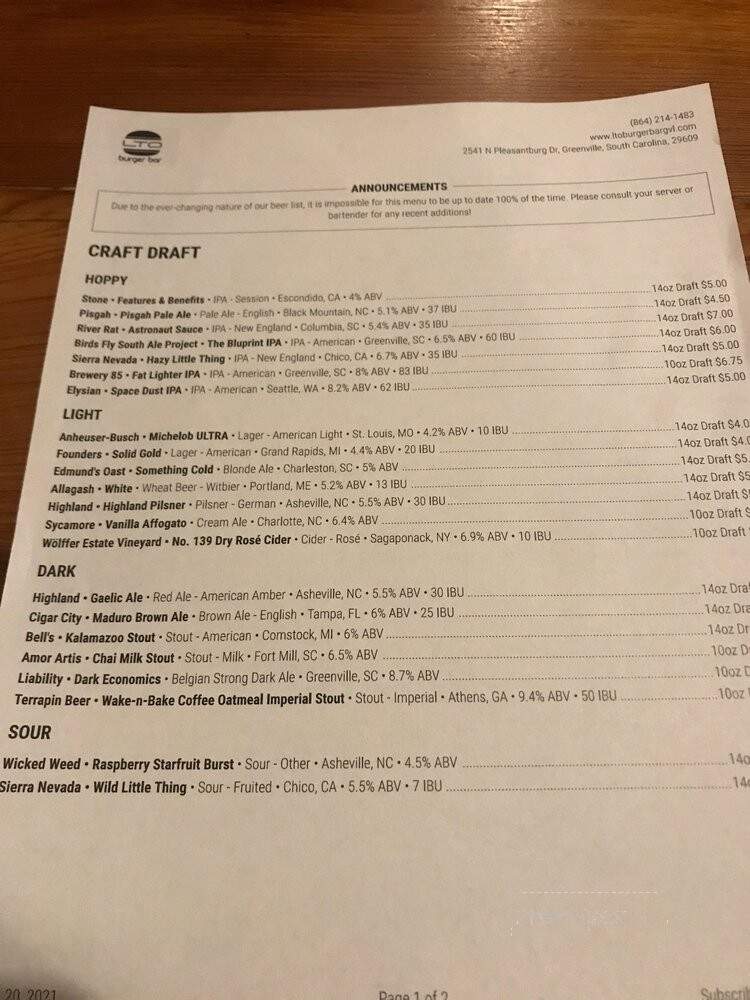 LTO Burger Bar - Greenville, SC menu_pic