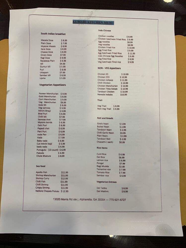 Kumari kitchen - Alpharetta, GA menu_pic