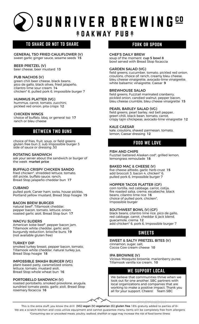 Sunriver Brewing -Oakway Pub - Eugene, OR menu_pic
