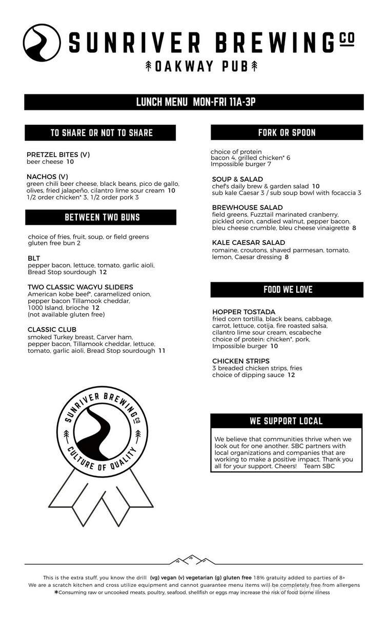 Sunriver Brewing -Oakway Pub - Eugene, OR menu_pic