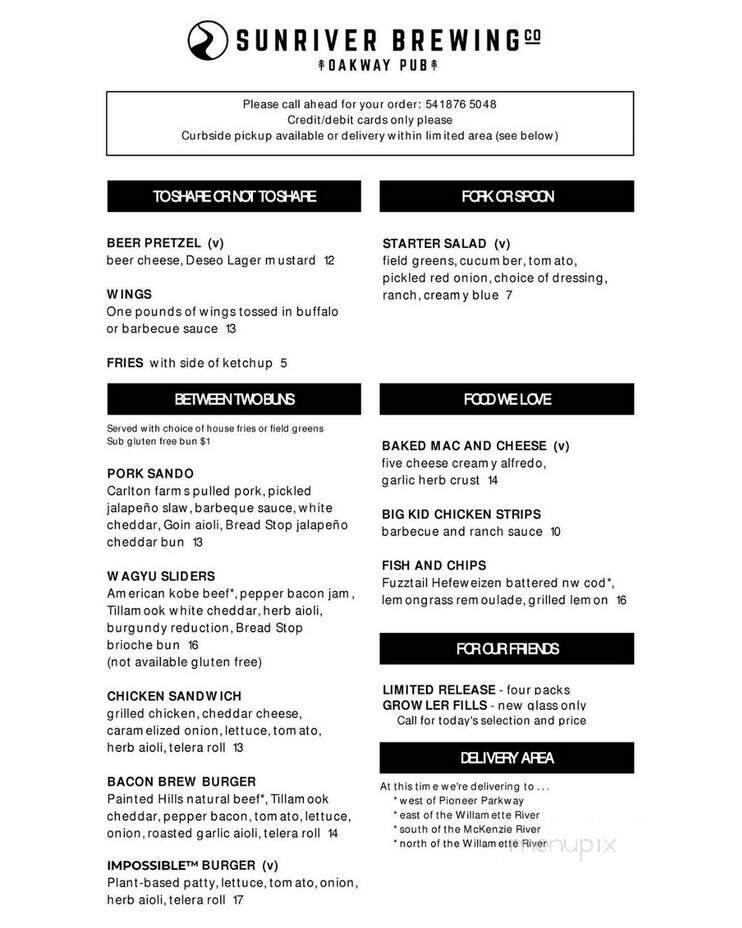 Sunriver Brewing -Oakway Pub - Eugene, OR menu_pic