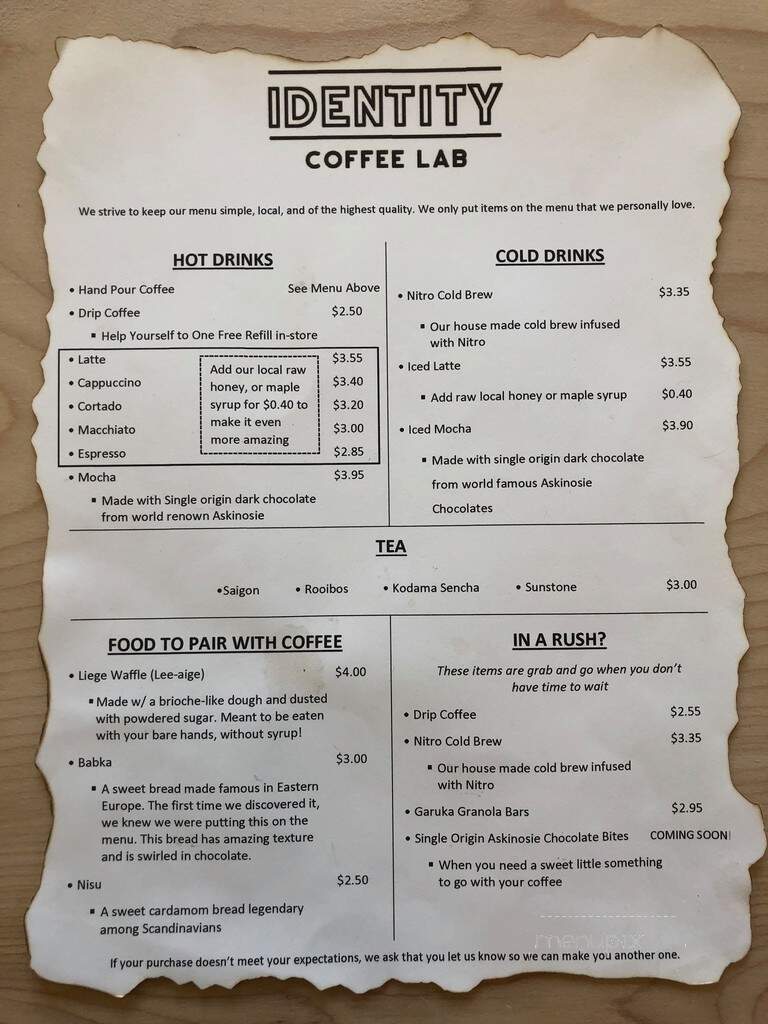 Identity Coffee Lab - Rindge, NH menu_pic