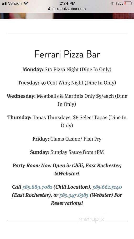 Ferrari Pizza Bar - Webster, NY menu_pic