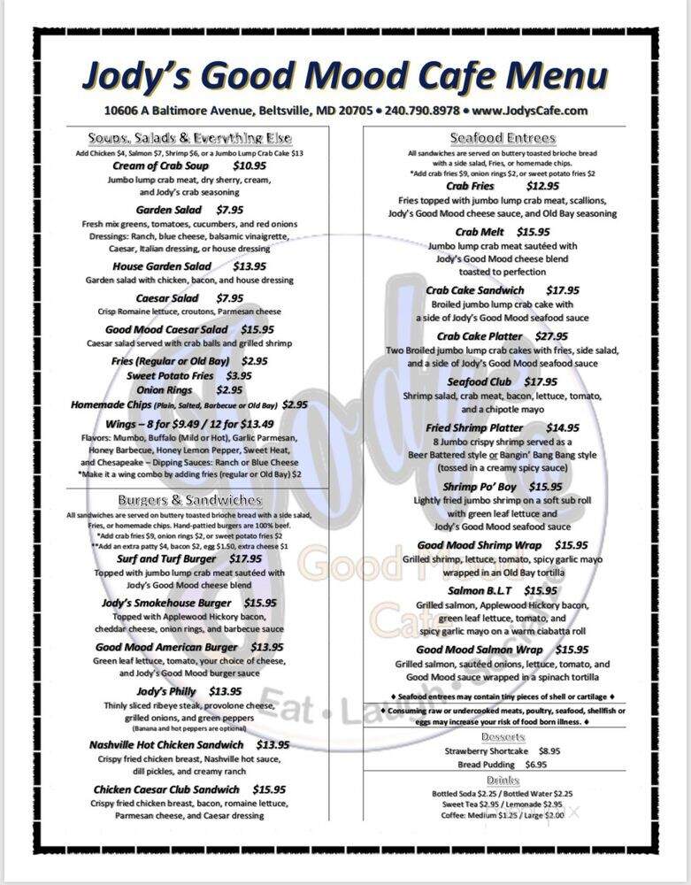 Jody's Good Mood Cafe - Beltsville, MD menu_pic