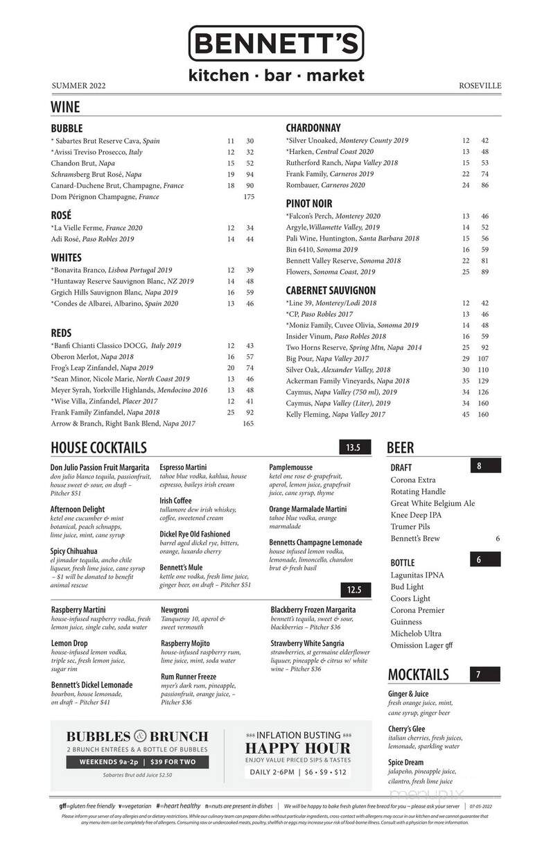 Bennett's Kitchen Bar Market - Roseville, CA menu_pic