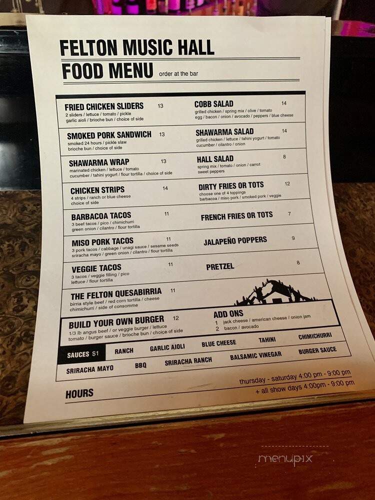 Felton Music Hall - Felton, CA menu_pic