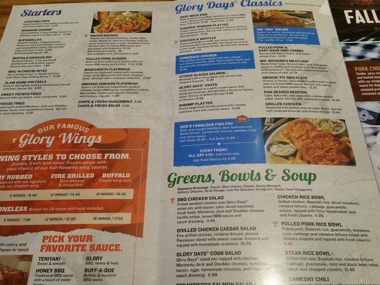 Glory Days Grill - Tallahassee, FL menu_pic