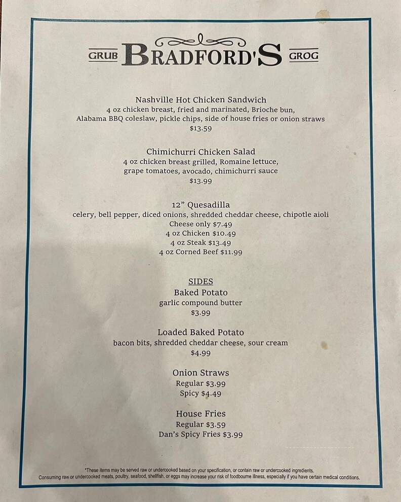 Bradford's Grub & Grog - Berthoud, CO menu_pic