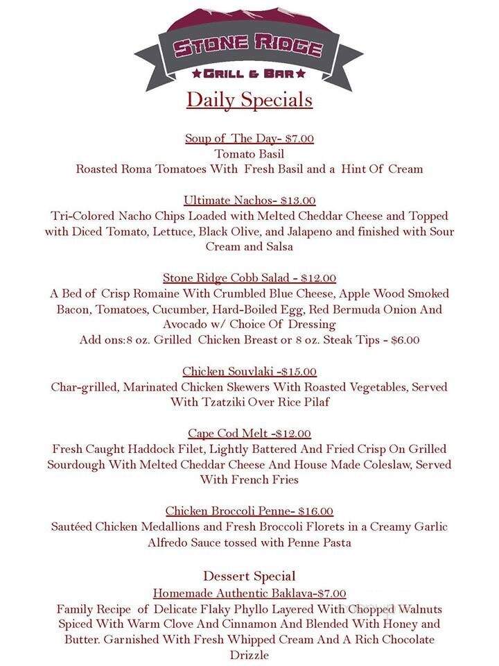 Stone Ridge Grill & Bar - Plainville, MA menu_pic