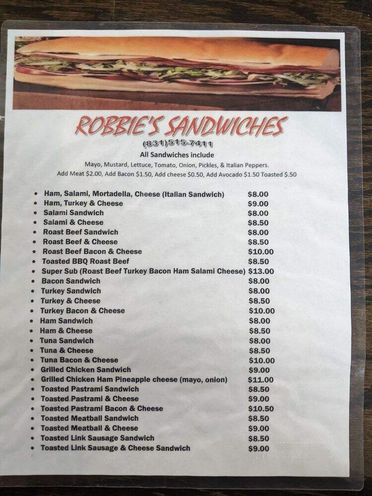 Robbie's Sandwiches - Capitola, CA menu_pic