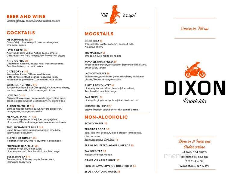 Dixon Roadside - Woodstock, NY menu_pic