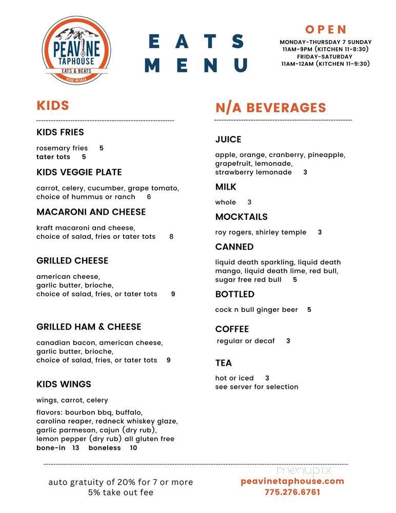 Peavine Taphouse Eats And Beats - Reno, NV menu_pic