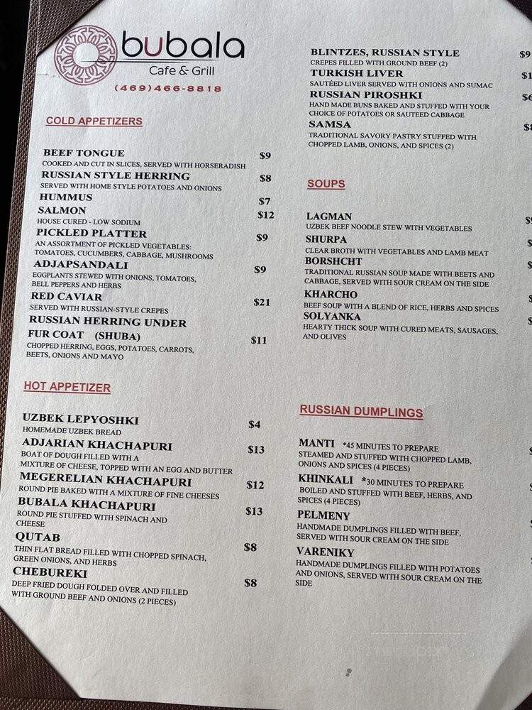 Bubala Cafe & Grill - Dallas, TX menu_pic