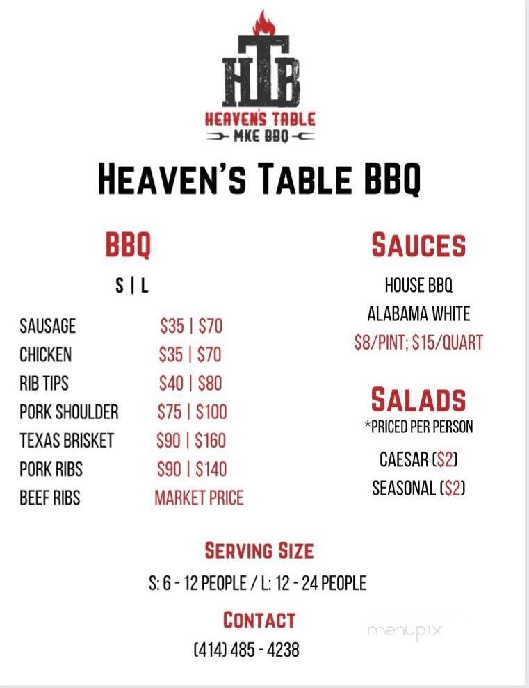 Heaven's Table BBQ - Milwaukee, WI menu_pic