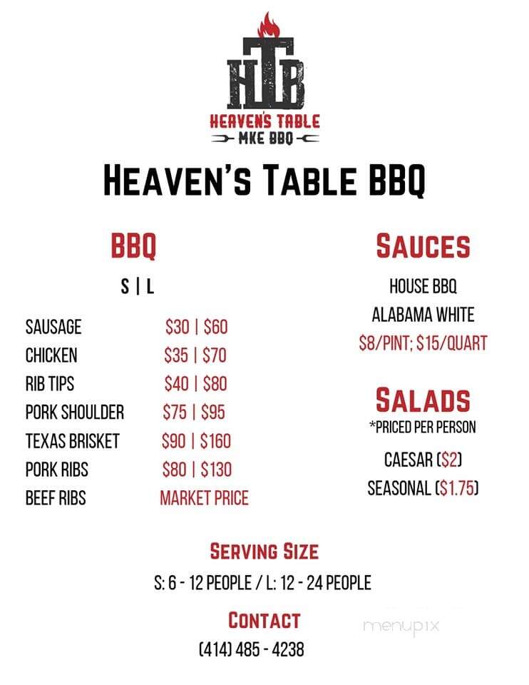 Heaven's Table BBQ - Milwaukee, WI menu_pic